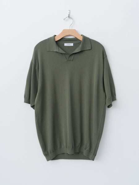 本日限定Cotton Knit Short-Sleeve Polo オリーブ 1 Ojii Knit Polo - Olive Asanoha | AKASHI KAMA Shirt – AKASHI-KAMA