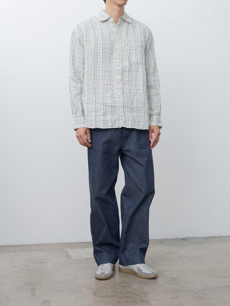 Simple Plaid Linen Baggy Fit Shirt - White x Green