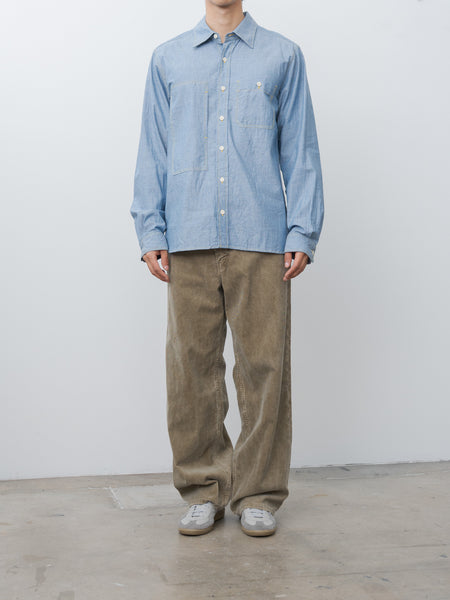 Indigo Cotton Chambray Asymmetric Pocket Work Shirt - Blue