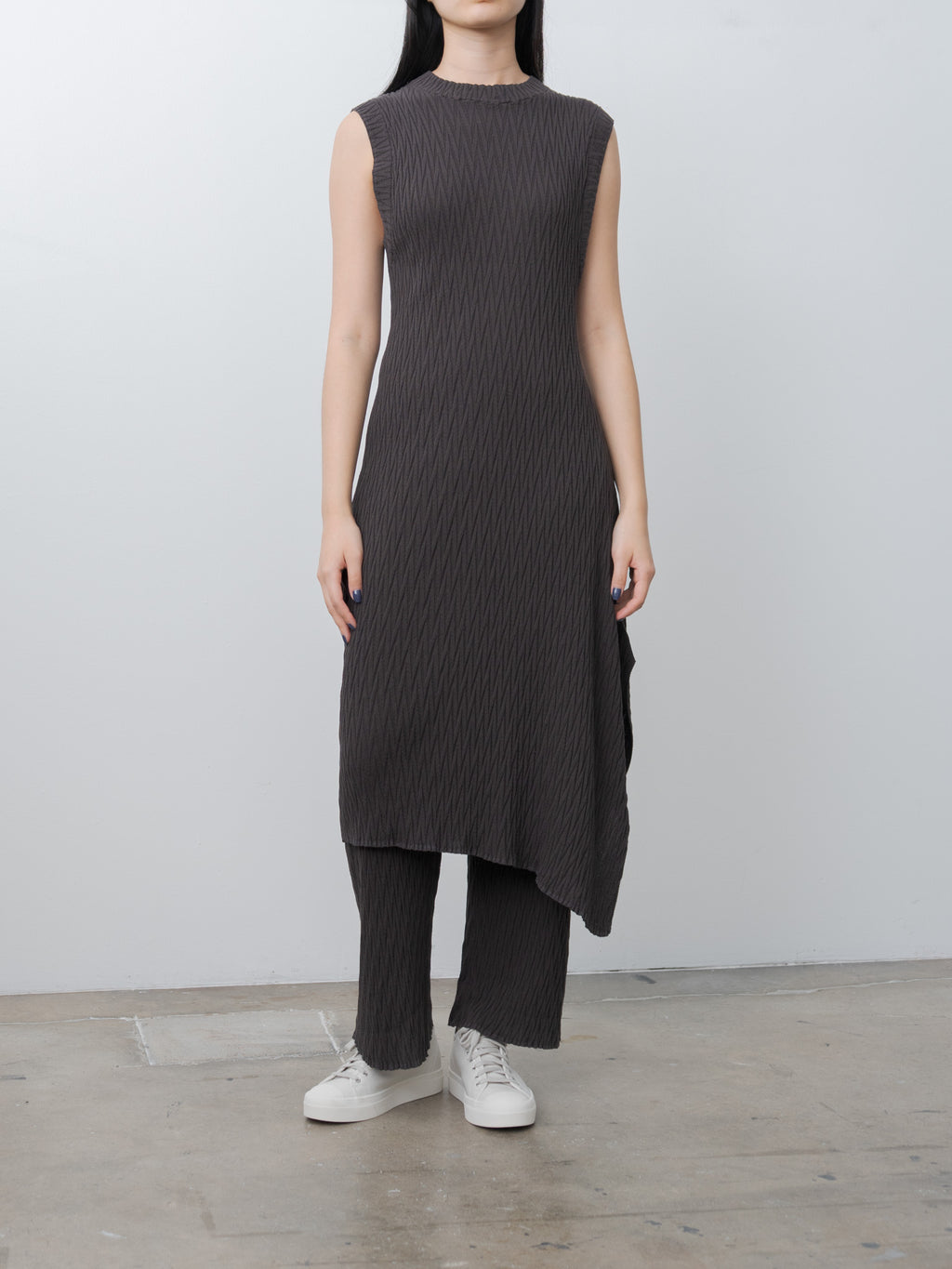 Namu Shop - Unfil High Twist Cotton Ribbed Knit Pants - Charcoal Brown