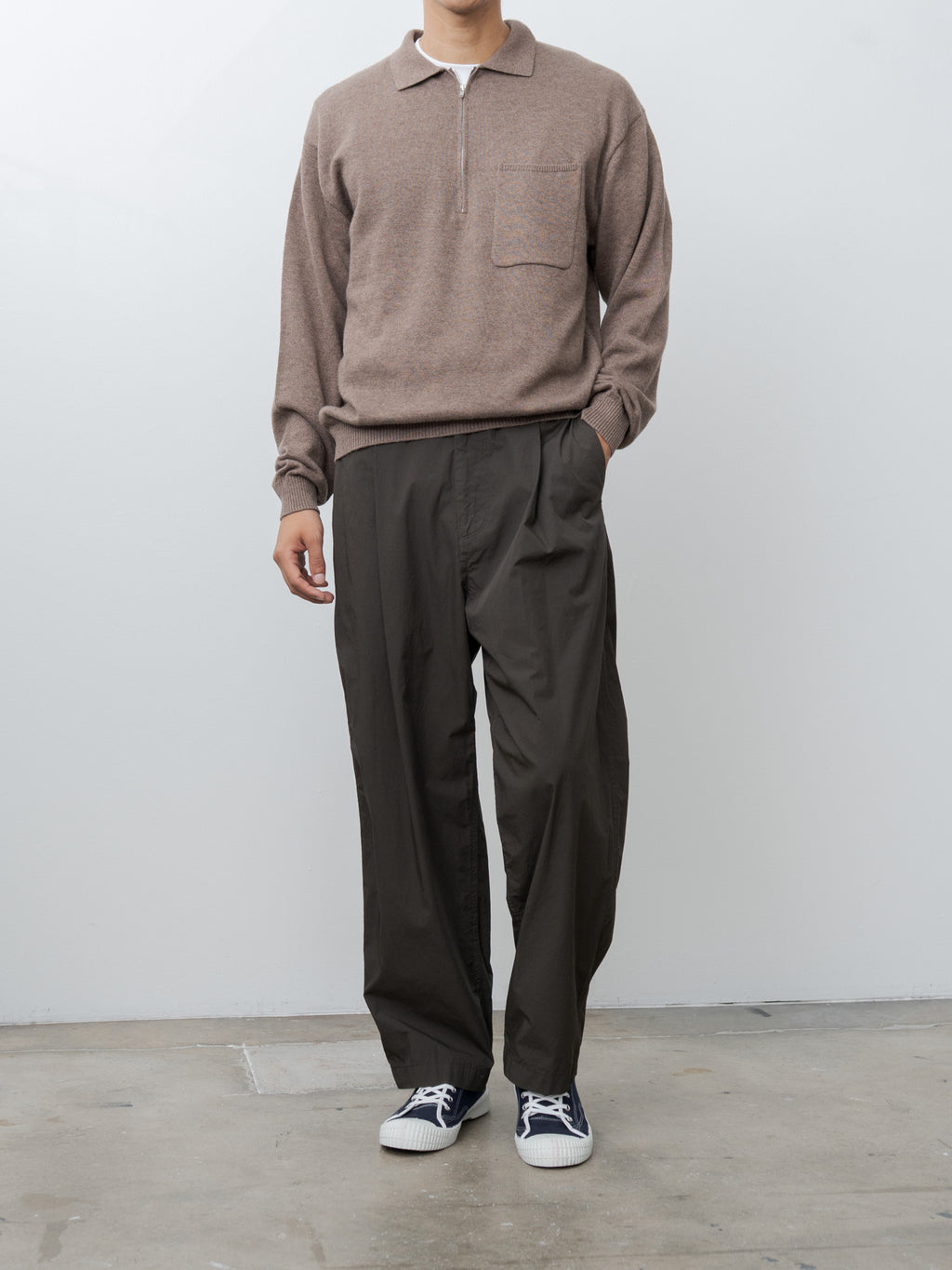 Namu Shop - Aton Linen Wool Brushed Zip Up Polo Sweater - Camel