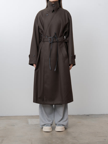 Oversized Double Breasted Coat with Leather Tie - Gray Brown