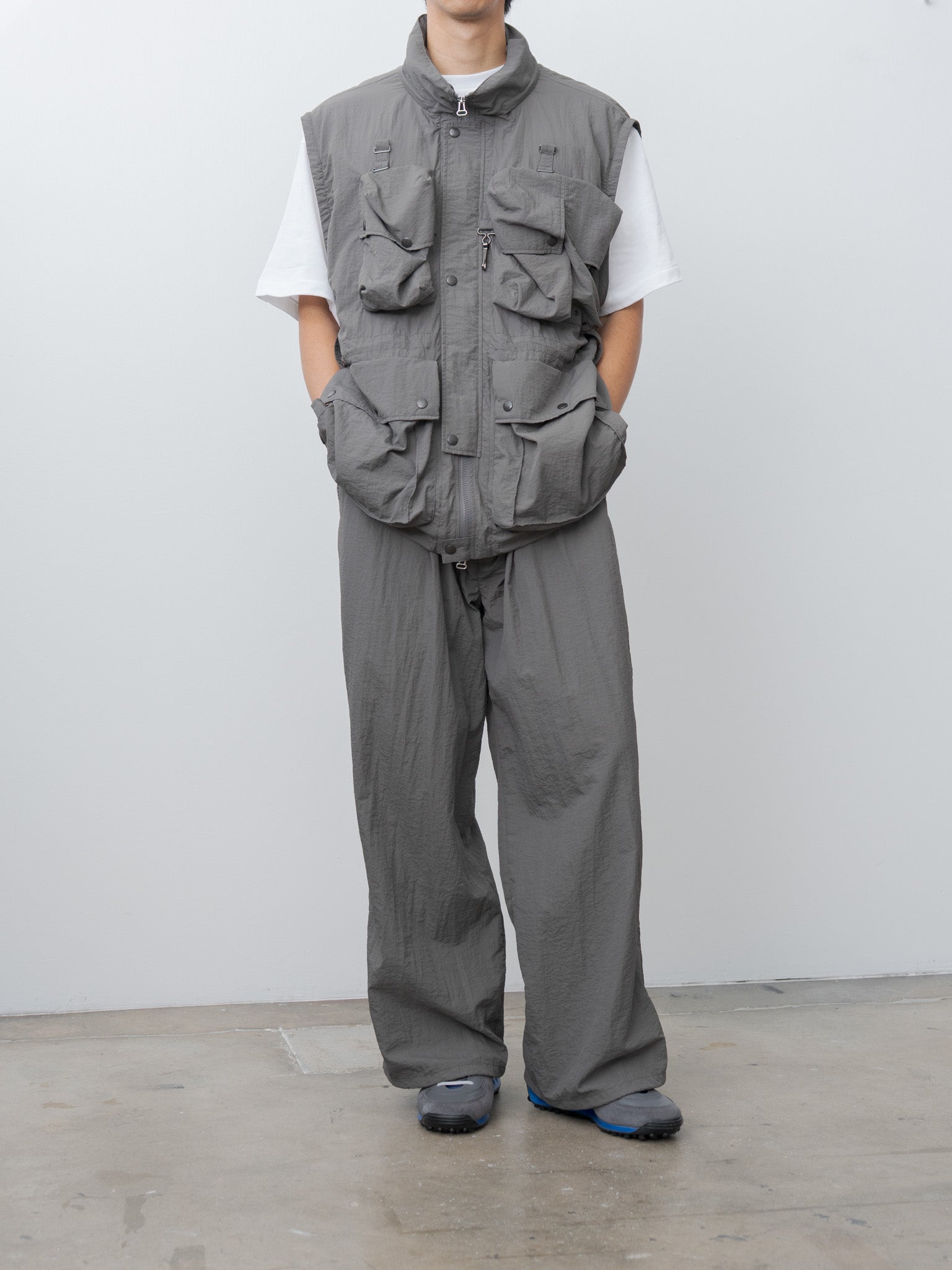 Namu Shop - Yoke Nylon 3Pleated Wide-Leg Easy Trousers - Charcoal Khaki