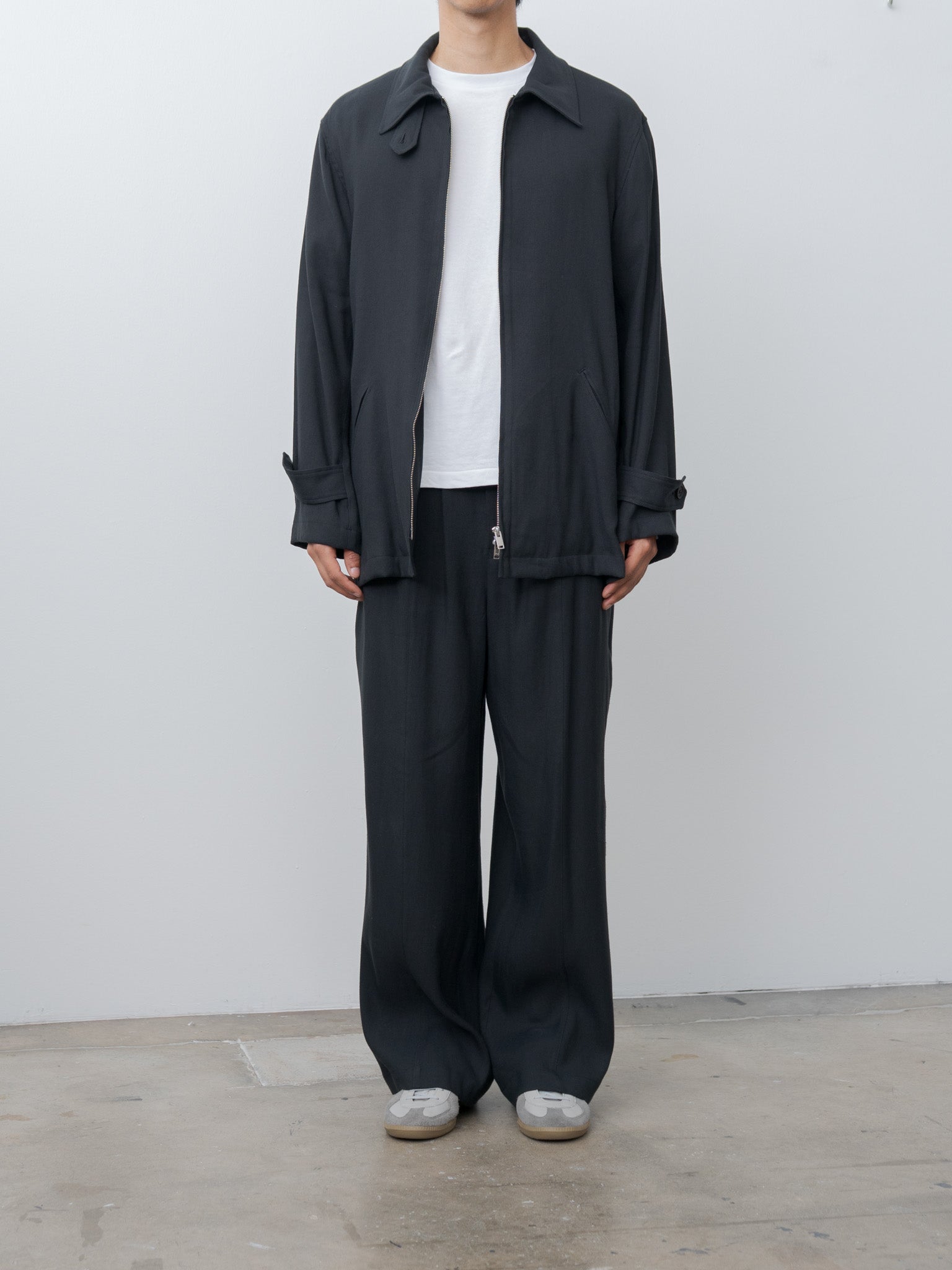 Namu Shop - Yoke Linen Acetate Front Gather Wide Trousers - Black