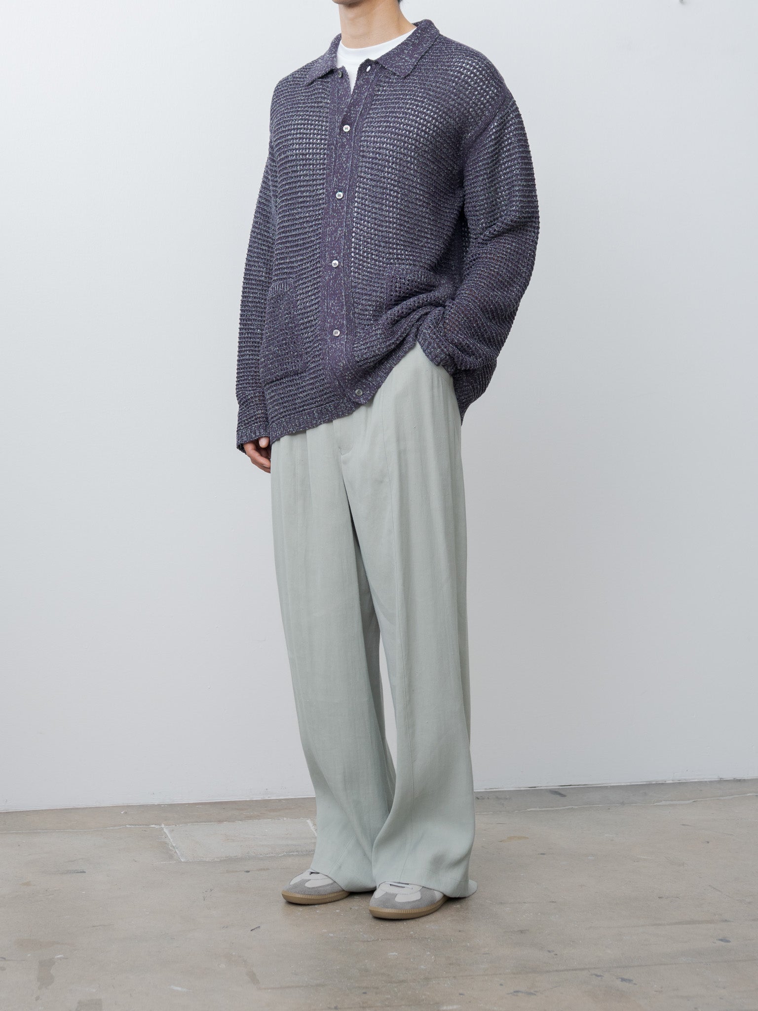 Namu Shop - Yoke Mesh Knitted Shirt Cardigan - Purple