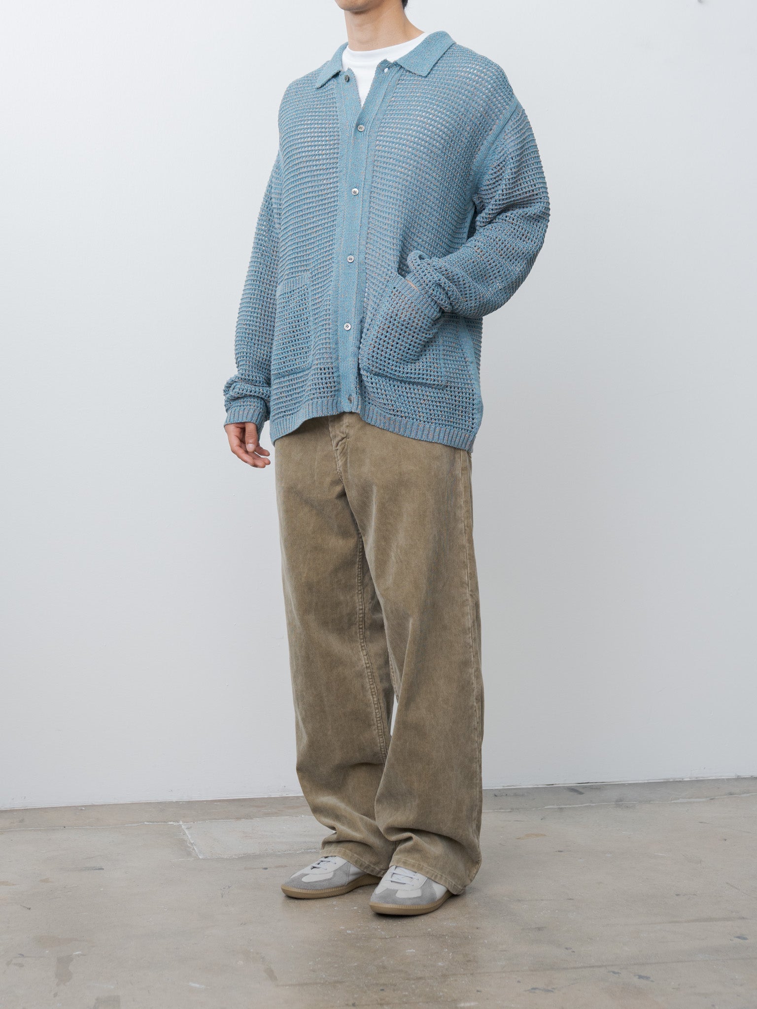Namu Shop - Yoke Mesh Knitted Shirt Cardigan - Blue
