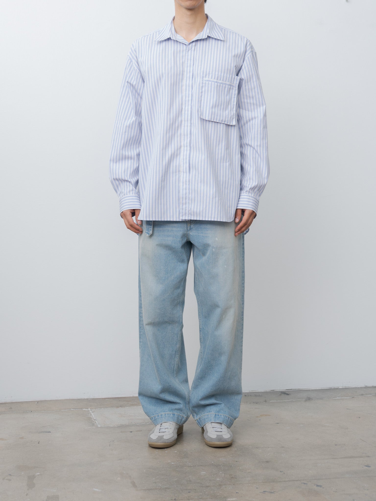Overturn Shirt - Light Blue & Burgundy Striped Cotton Overturn Shirt - Light Blue & Burgundy Striped Cotton