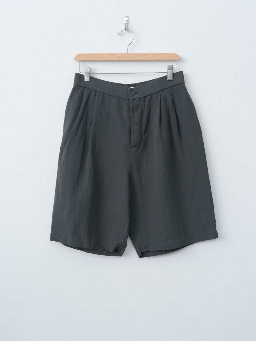 Cotton Linen Voile Two Tucked Easy Shorts - Dark Green