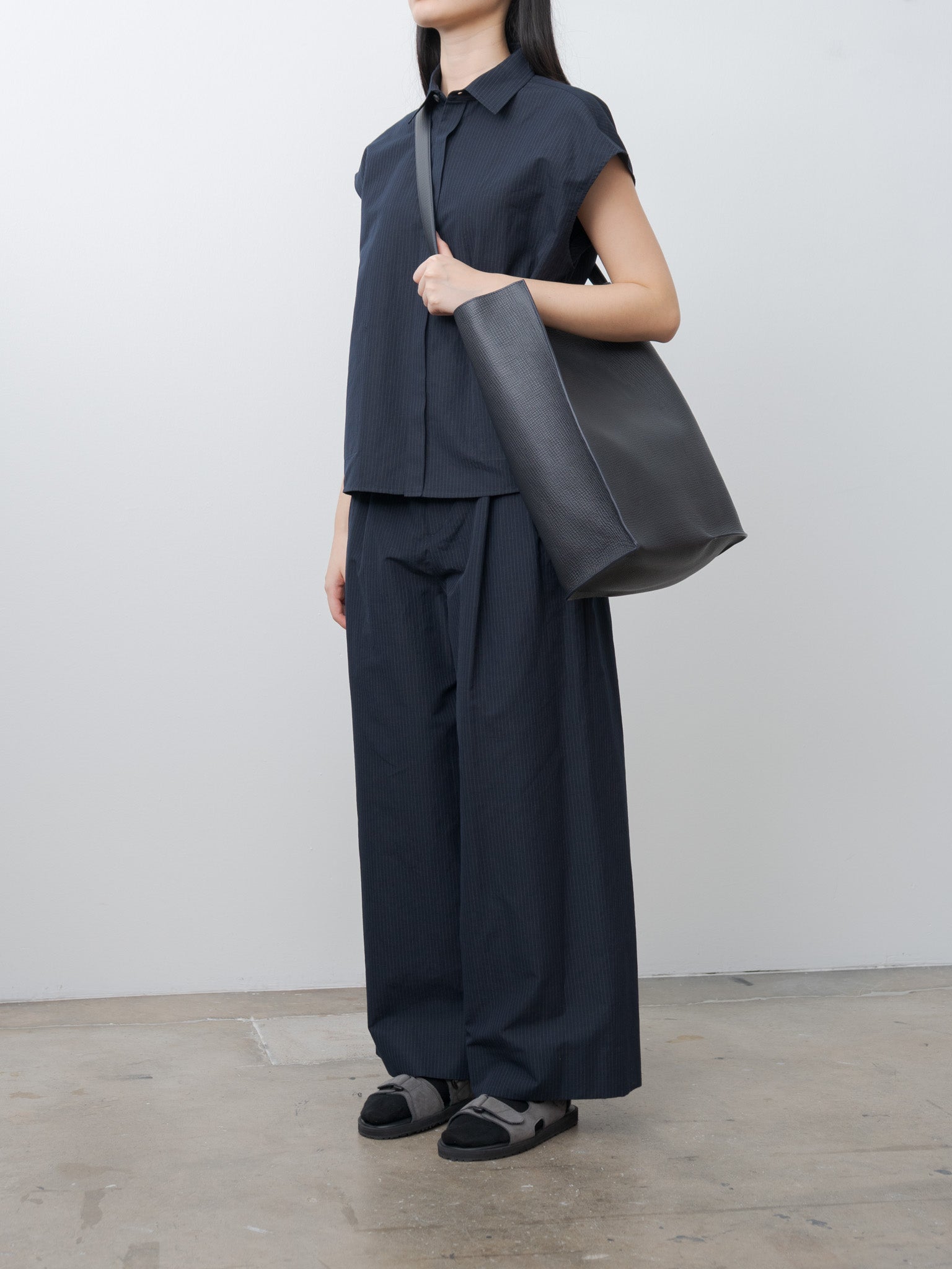 Namu Shop - Aton Silk Linen Shantung Two Tucked Pants - Navy x Pinstripe
