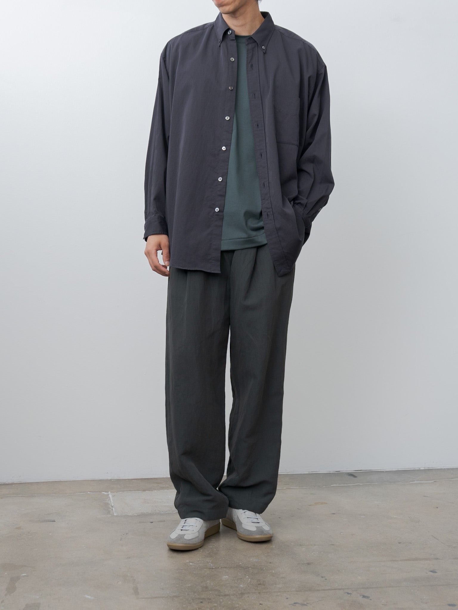 Cotton Linen Voile Two Tucked Easy Pants - Dark Green