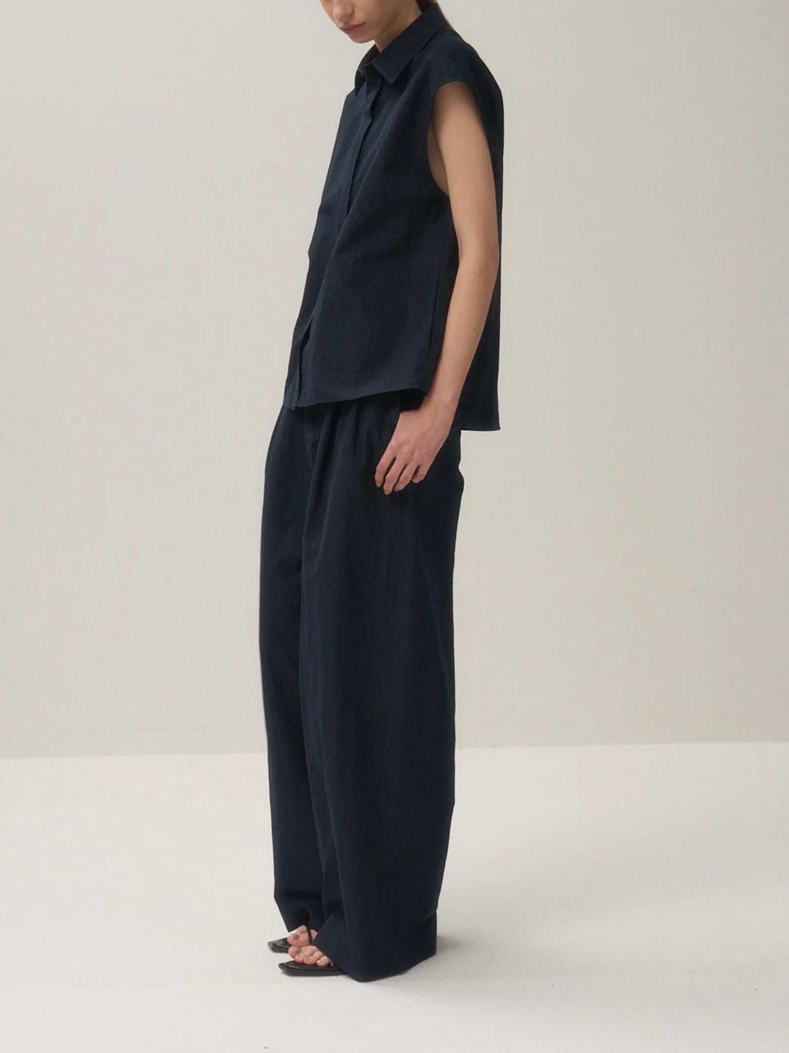 Namu Shop - Aton Silk Linen Shantung Two Tucked Pants - Navy x Pinstripe