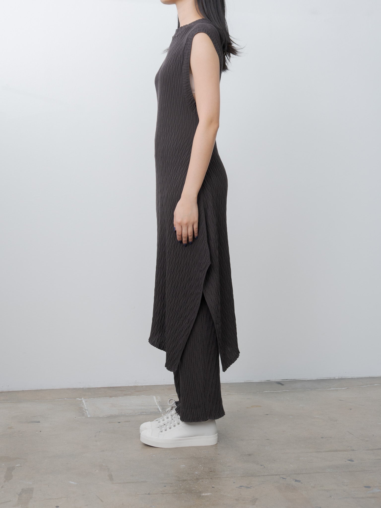 Namu Shop - Unfil High Twist Cotton Ribbed Knit Pants - Charcoal Brown