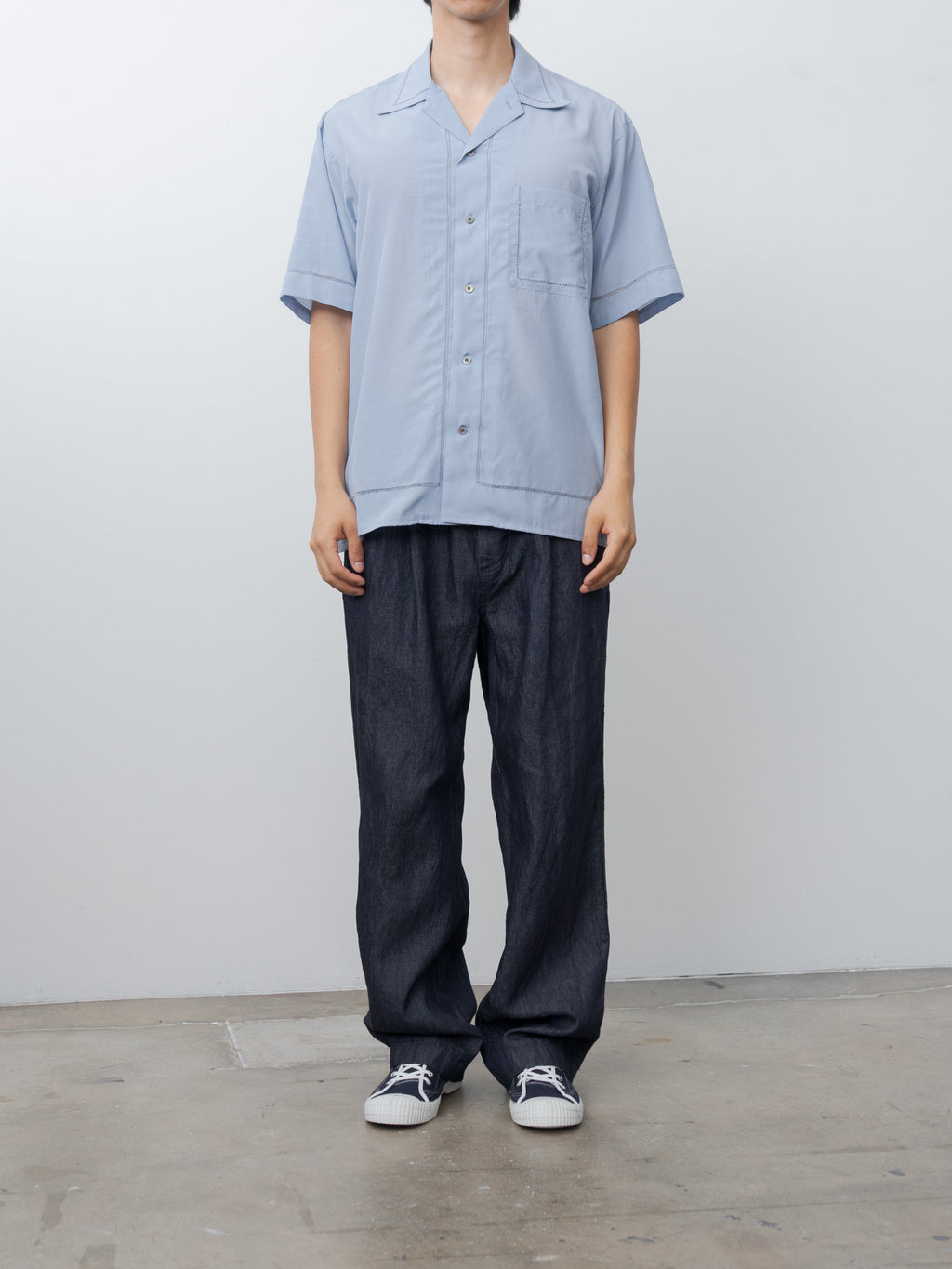Namu Shop - Yoke Embroidery Open Collar Shirt - Saxe