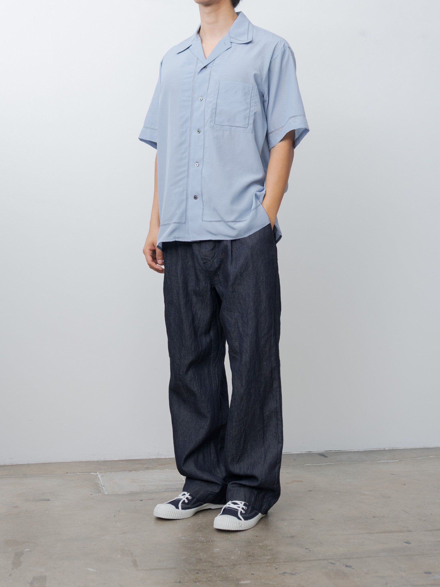 Namu Shop - Yoke Embroidery Open Collar Shirt - Saxe