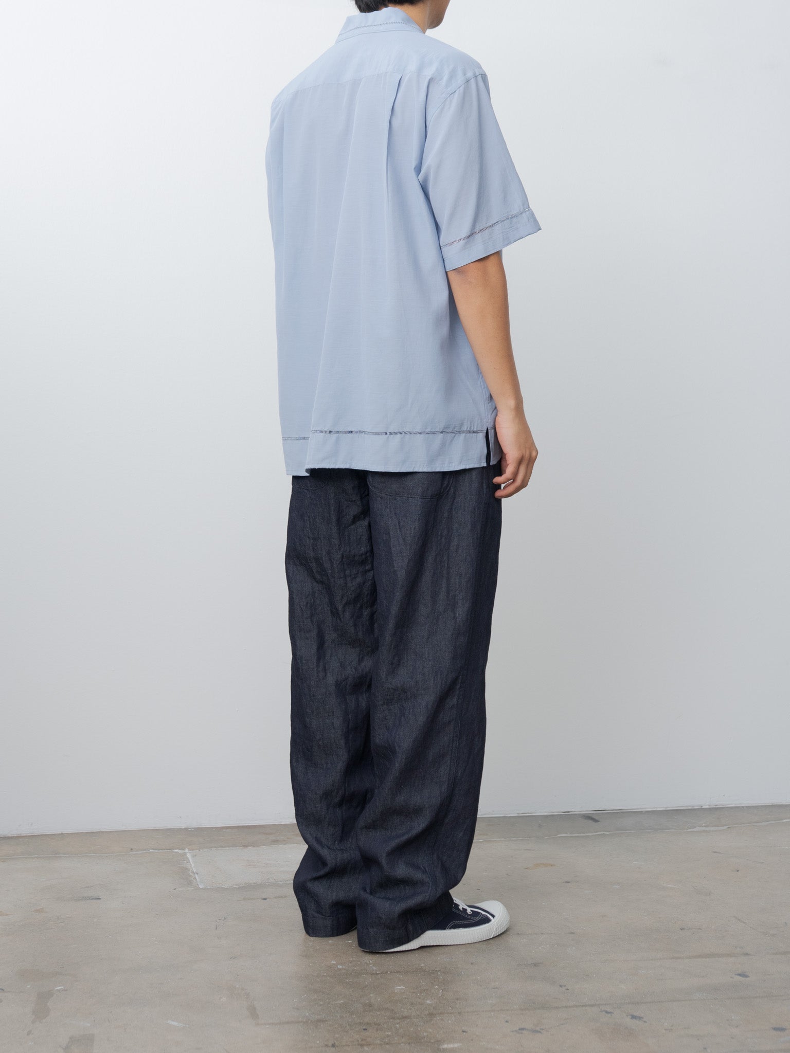 Namu Shop - Yoke Embroidery Open Collar Shirt - Saxe