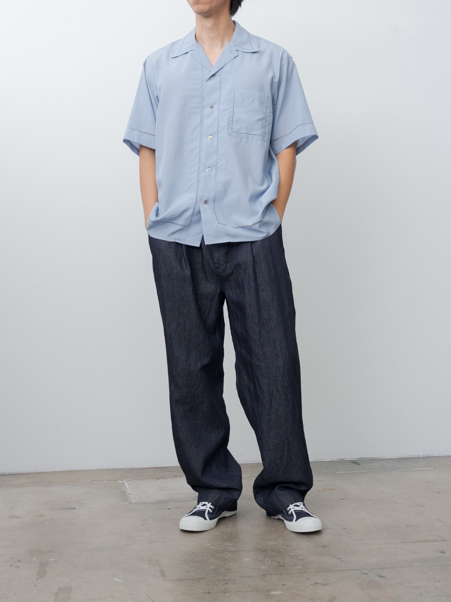 Embroidery Open Collar Shirt - Sax Blue Embroidery Open Collar Shirt - Sax Blue
