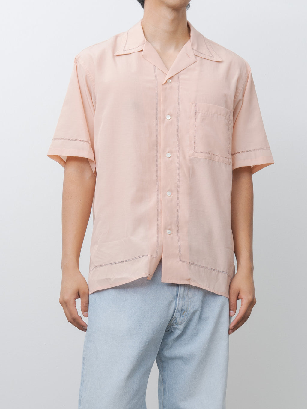 Namu Shop - Yoke Embroidery Open Collar Shirt - Pink