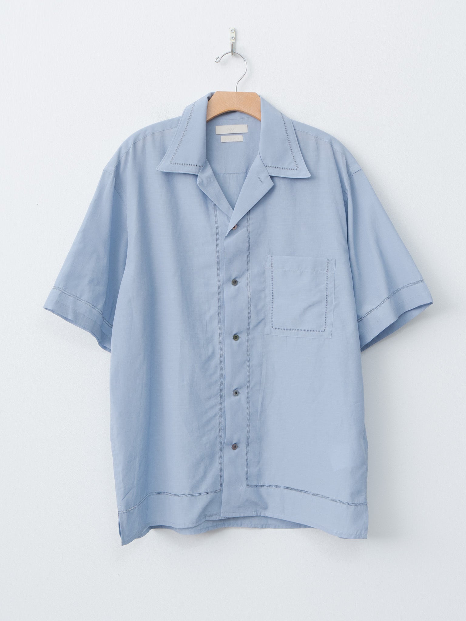 Namu Shop - Yoke Embroidery Open Collar Shirt - Saxe