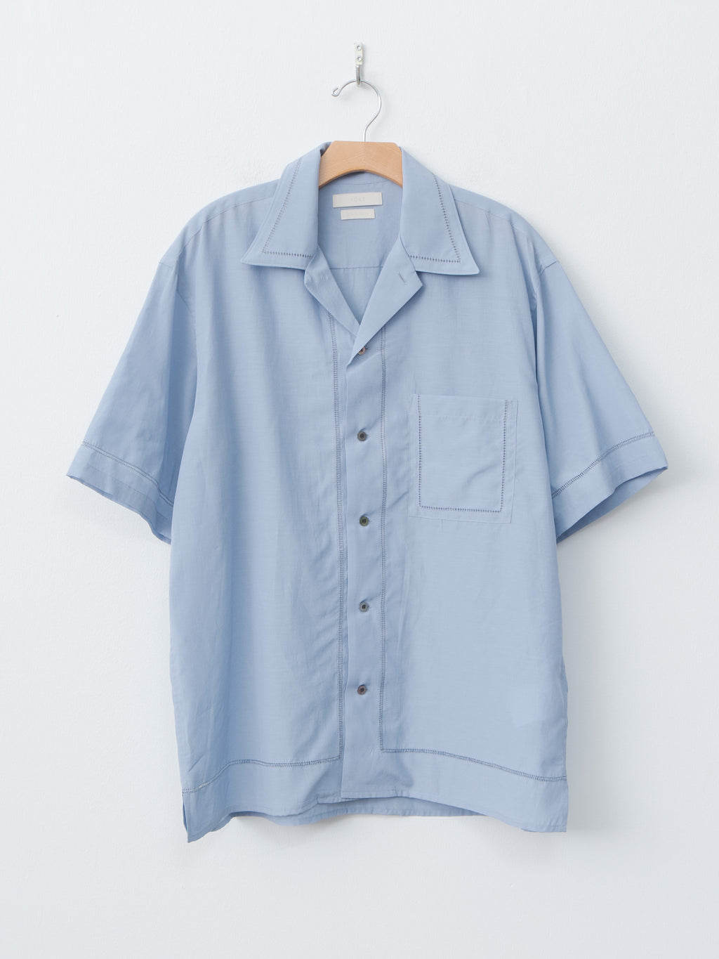 Namu Shop - Yoke Embroidery Open Collar Shirt - Saxe