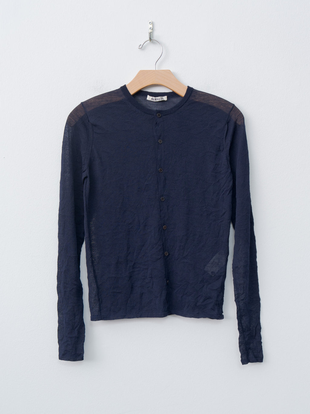Wrinkled Wool Polyester High Gauge Knit Crew Neck Cardigan - Navy