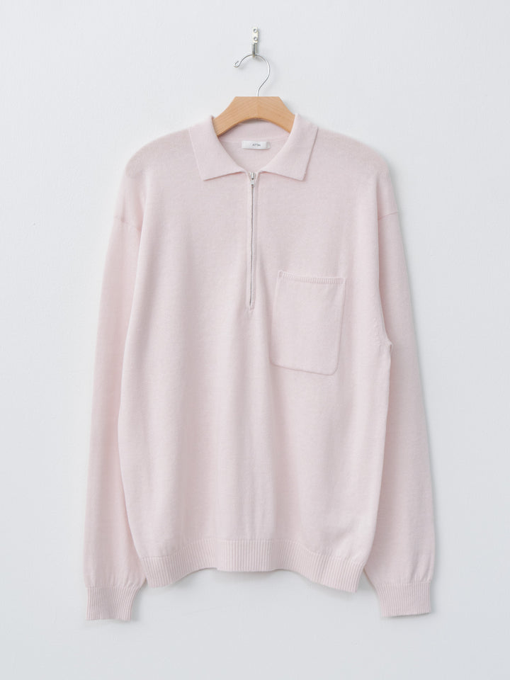 Linen Wool Brushed Zip Up Polo Sweater - Pink