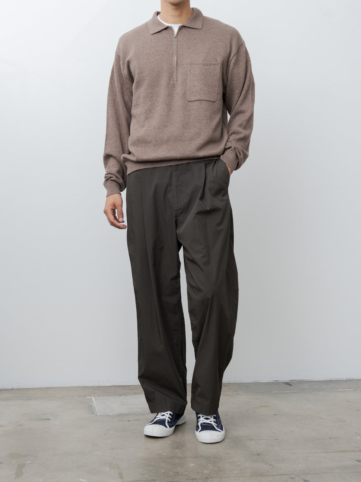 Namu Shop - Aton Linen Wool Brushed Zip Up Polo Sweater - Camel