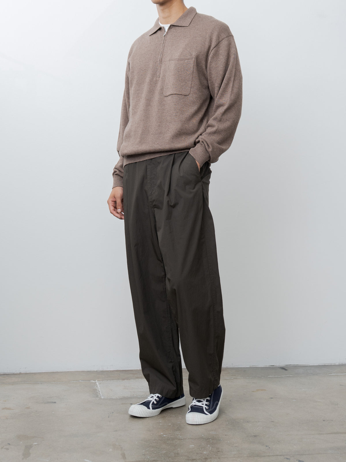 Namu Shop - Aton Linen Wool Brushed Zip Up Polo Sweater - Camel