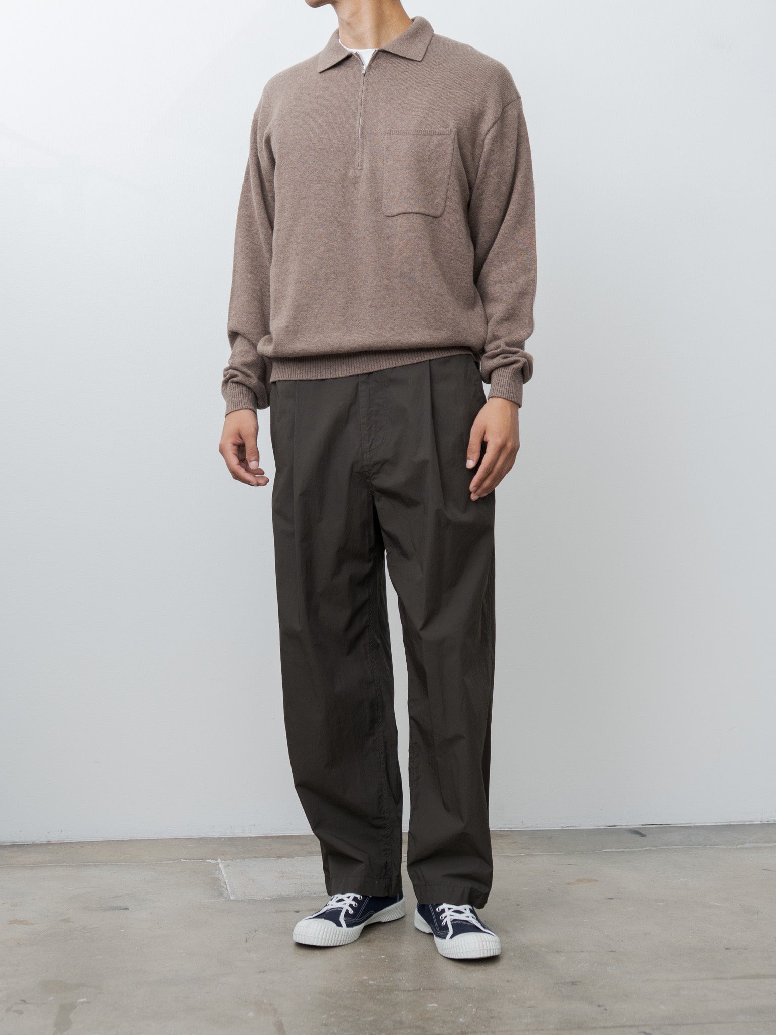 Namu Shop - Aton Linen Wool Brushed Zip Up Polo Sweater - Camel