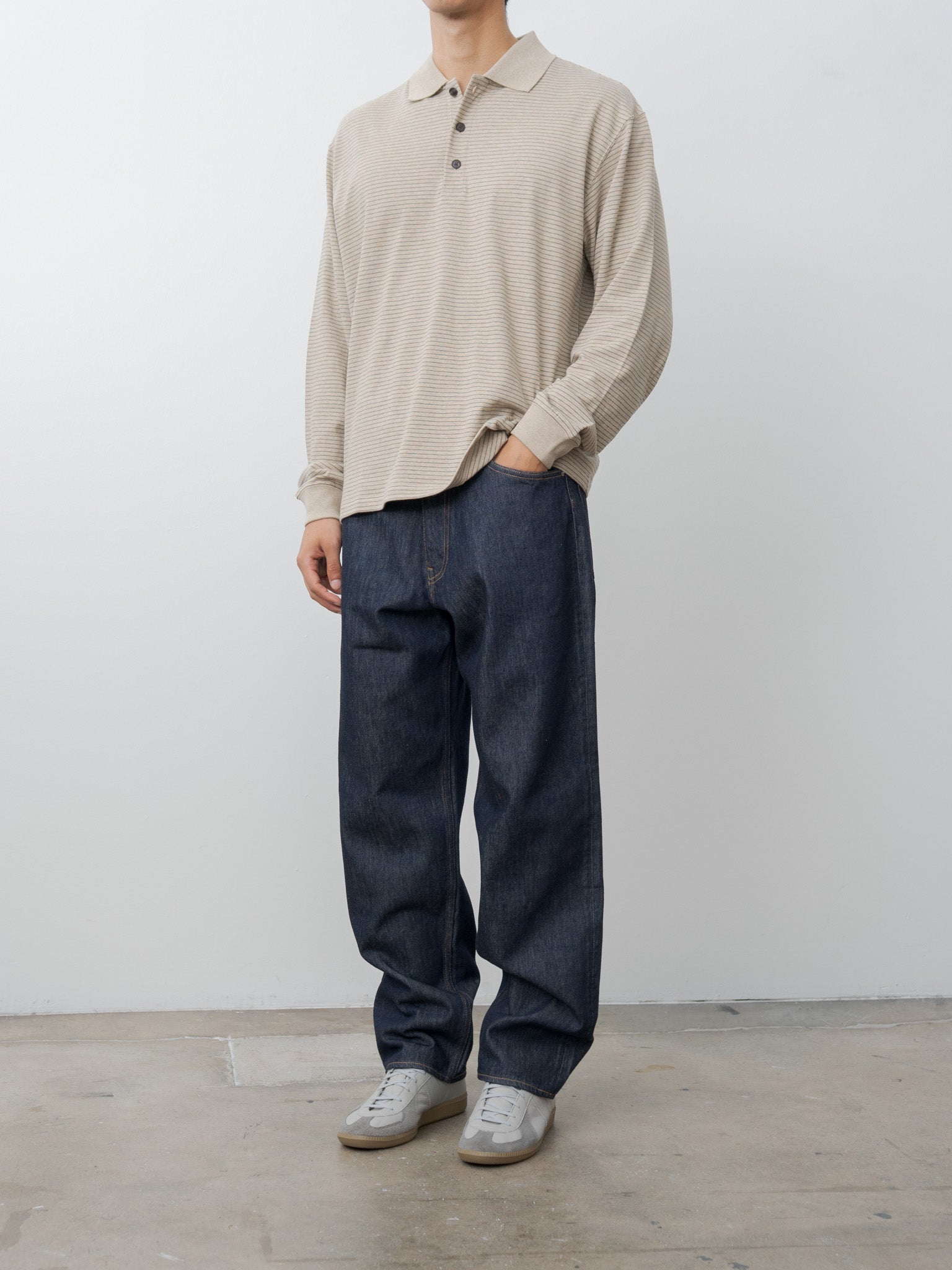 Suvin Double Jersey Long Sleeve Polo Shirt - Beige Stripe