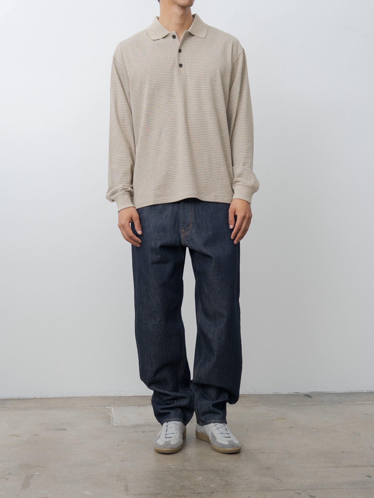 Suvin Double Jersey Long Sleeve Polo Shirt - Beige Stripe