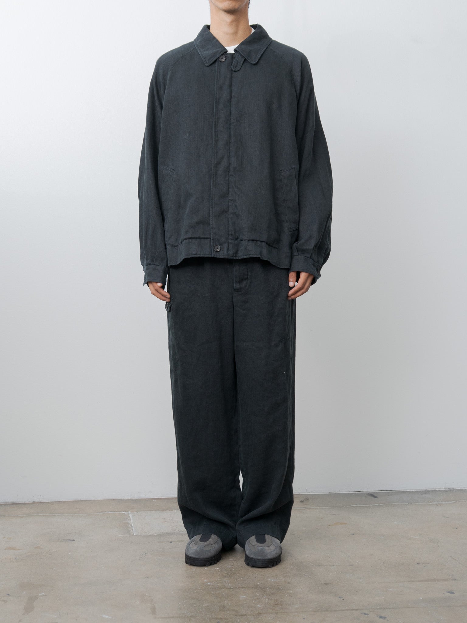 Heavy Linen Herringbone Zip Jacket - Black