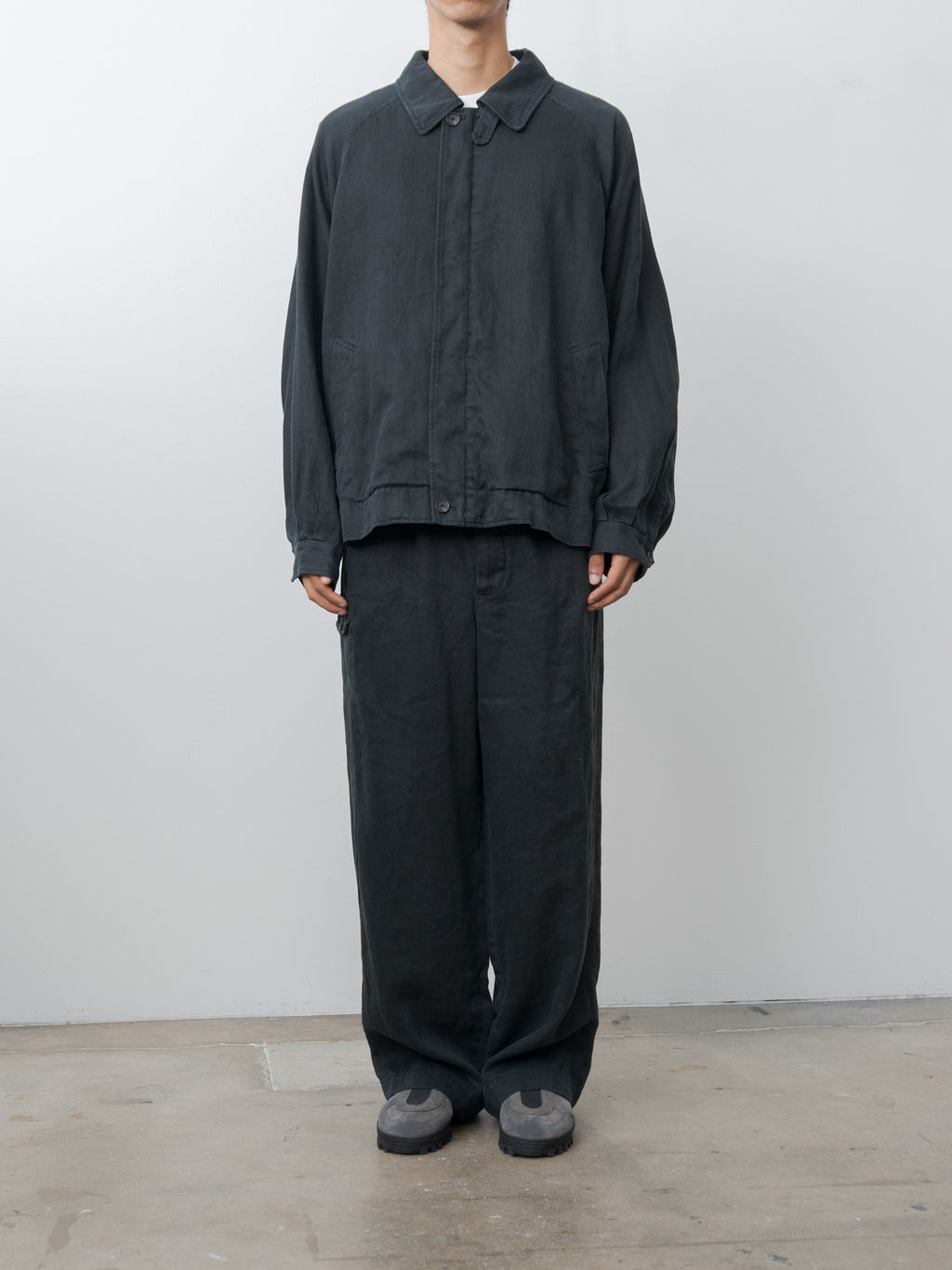 Heavy Linen Herringbone Zip Jacket - Black