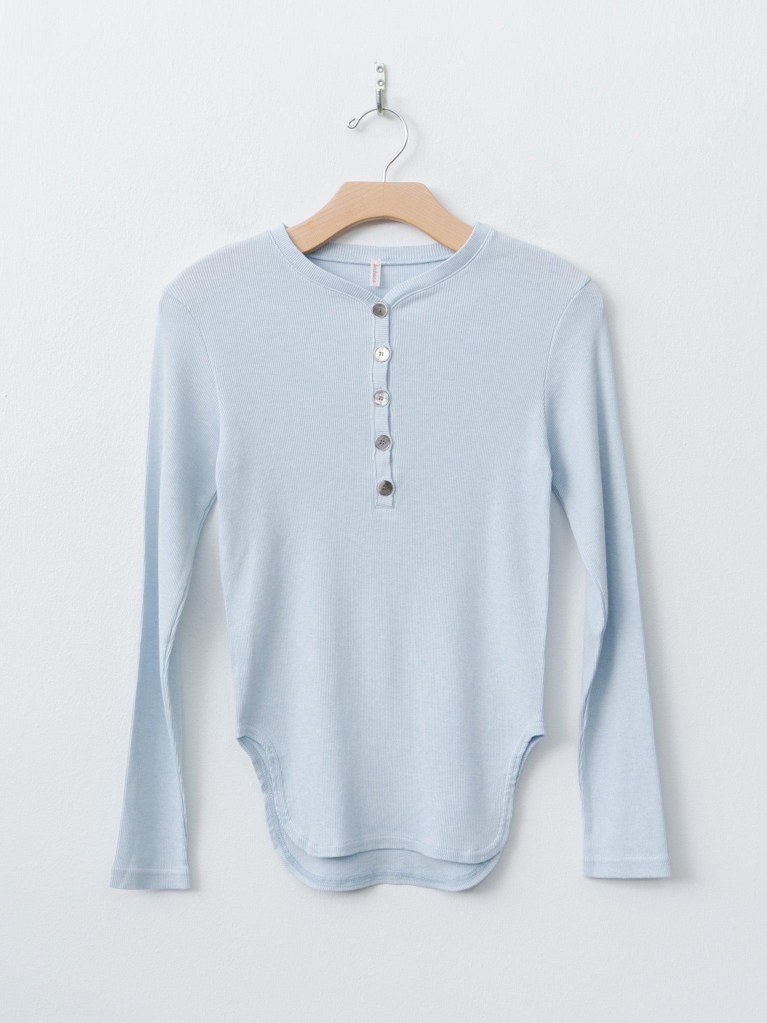 Cotton/Silk Henley Neck Long Sleeve T-Shirt - Light Blue