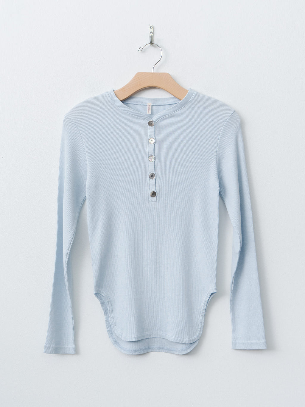 Cotton/Silk Henley Neck Long Sleeve T-Shirt - Light Blue