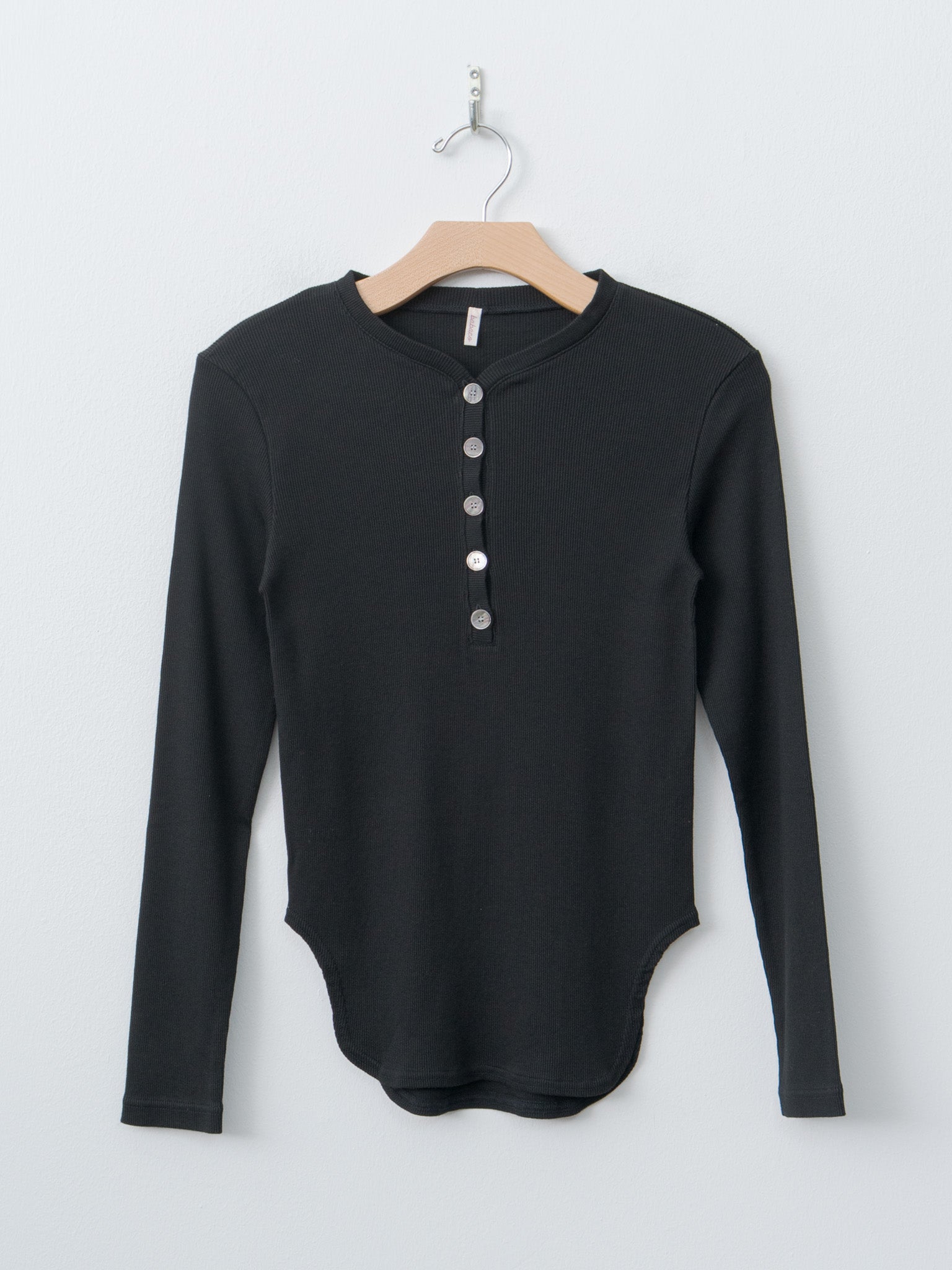 Cotton/Silk Henley Neck Long Sleeve T-Shirt - Black