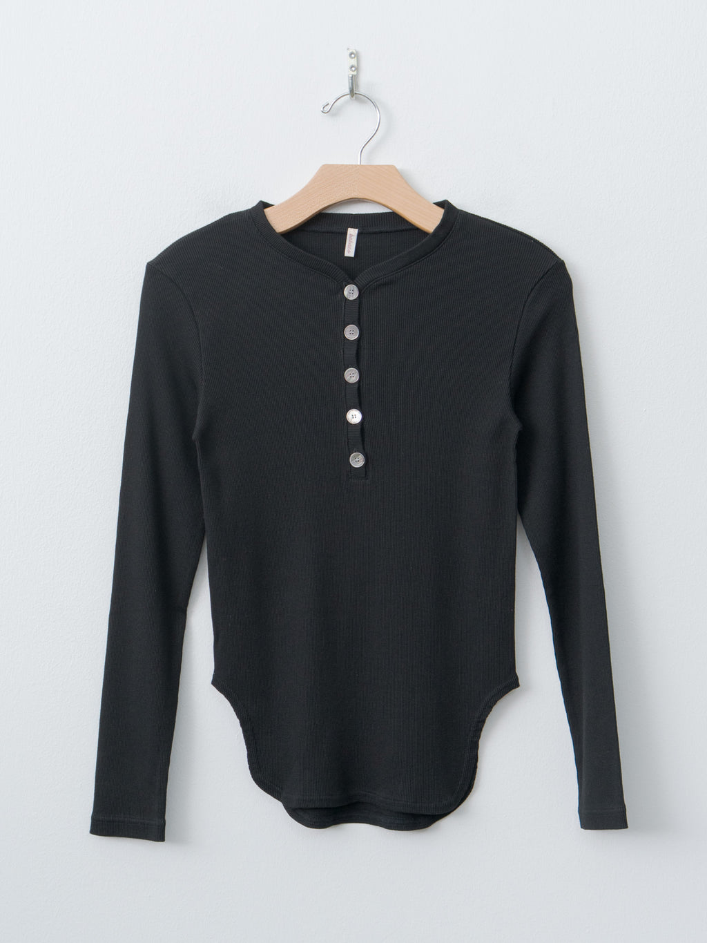 Cotton/Silk Henley Neck Long Sleeve T-Shirt - Black