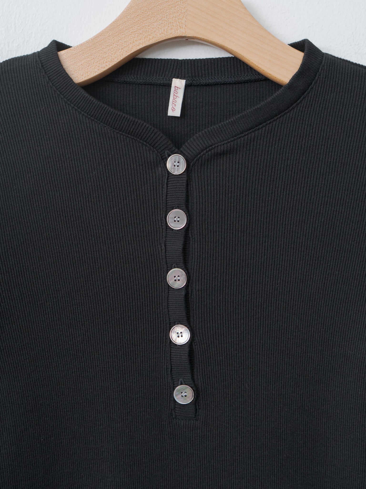 Cotton/Silk Henley Neck Long Sleeve T-Shirt - Black