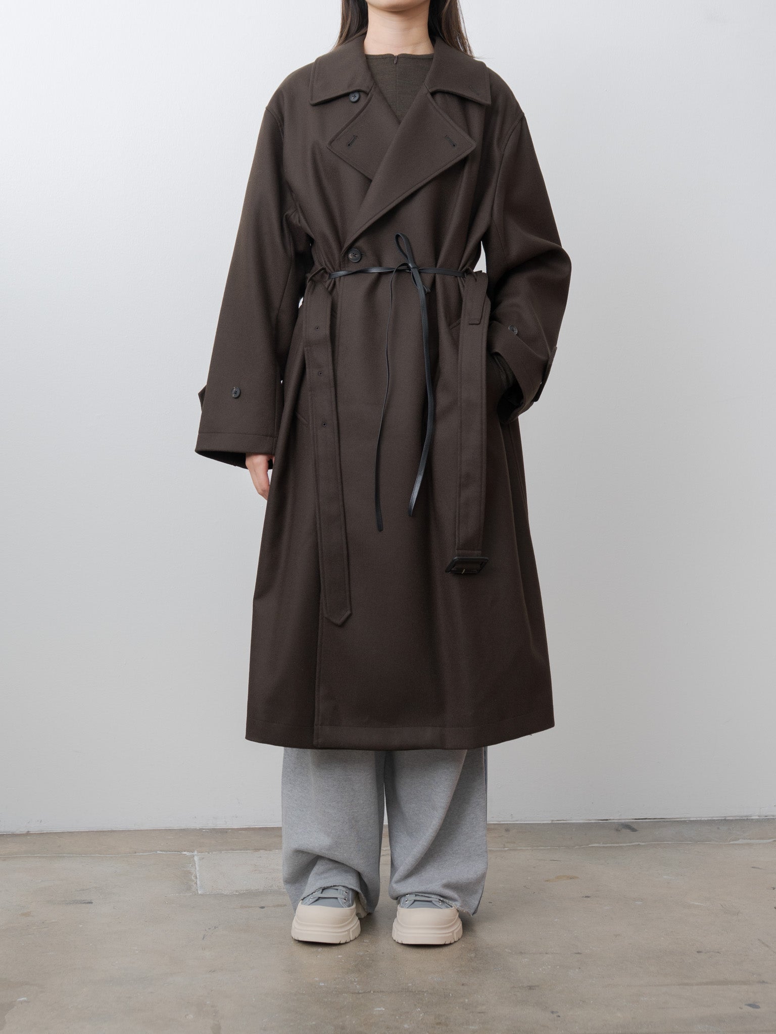 Oversized Double Breasted Coat with Leather Tie - Gray Brown
