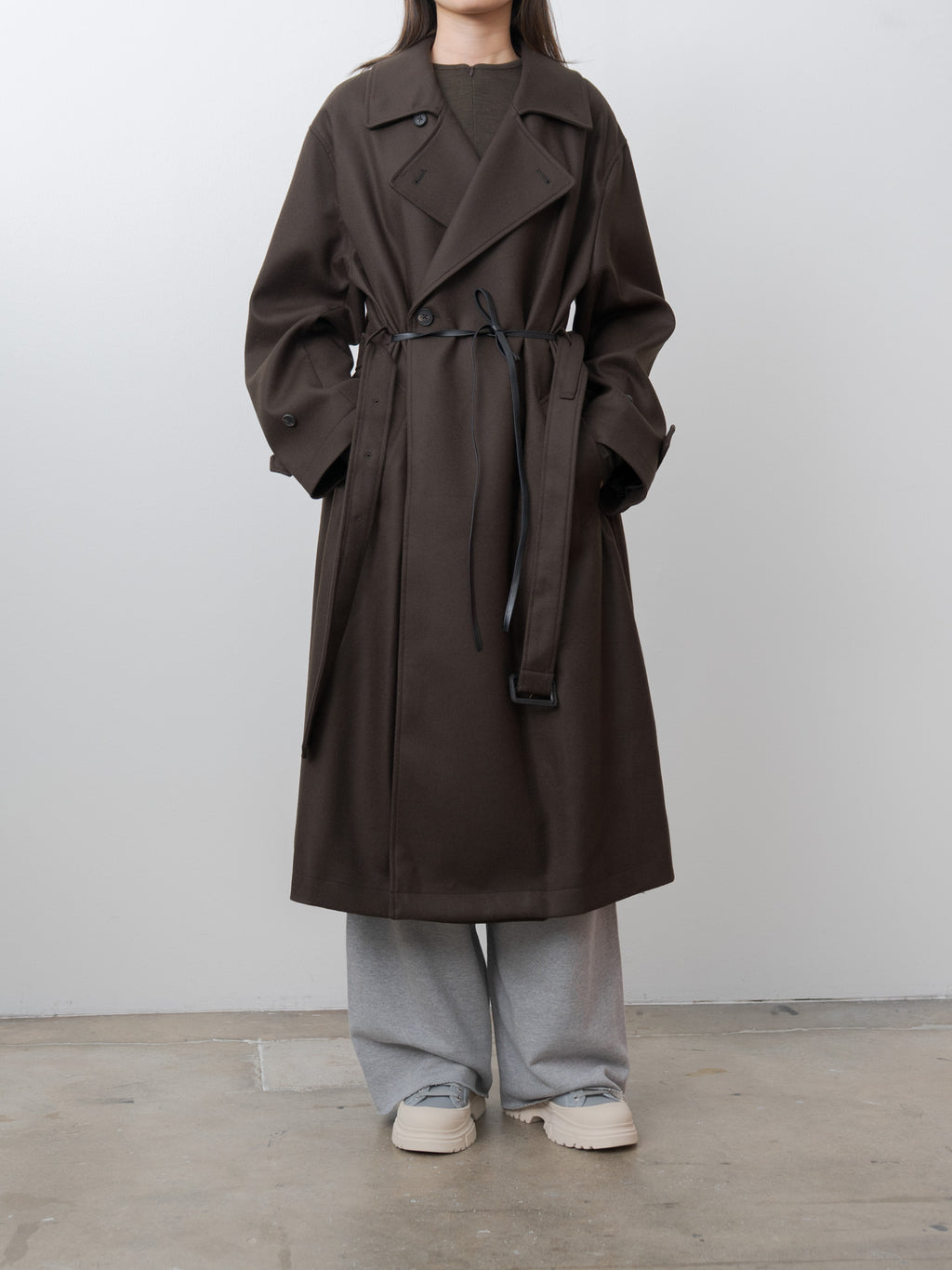 Oversized Double Breasted Coat with Leather Tie - Gray Brown