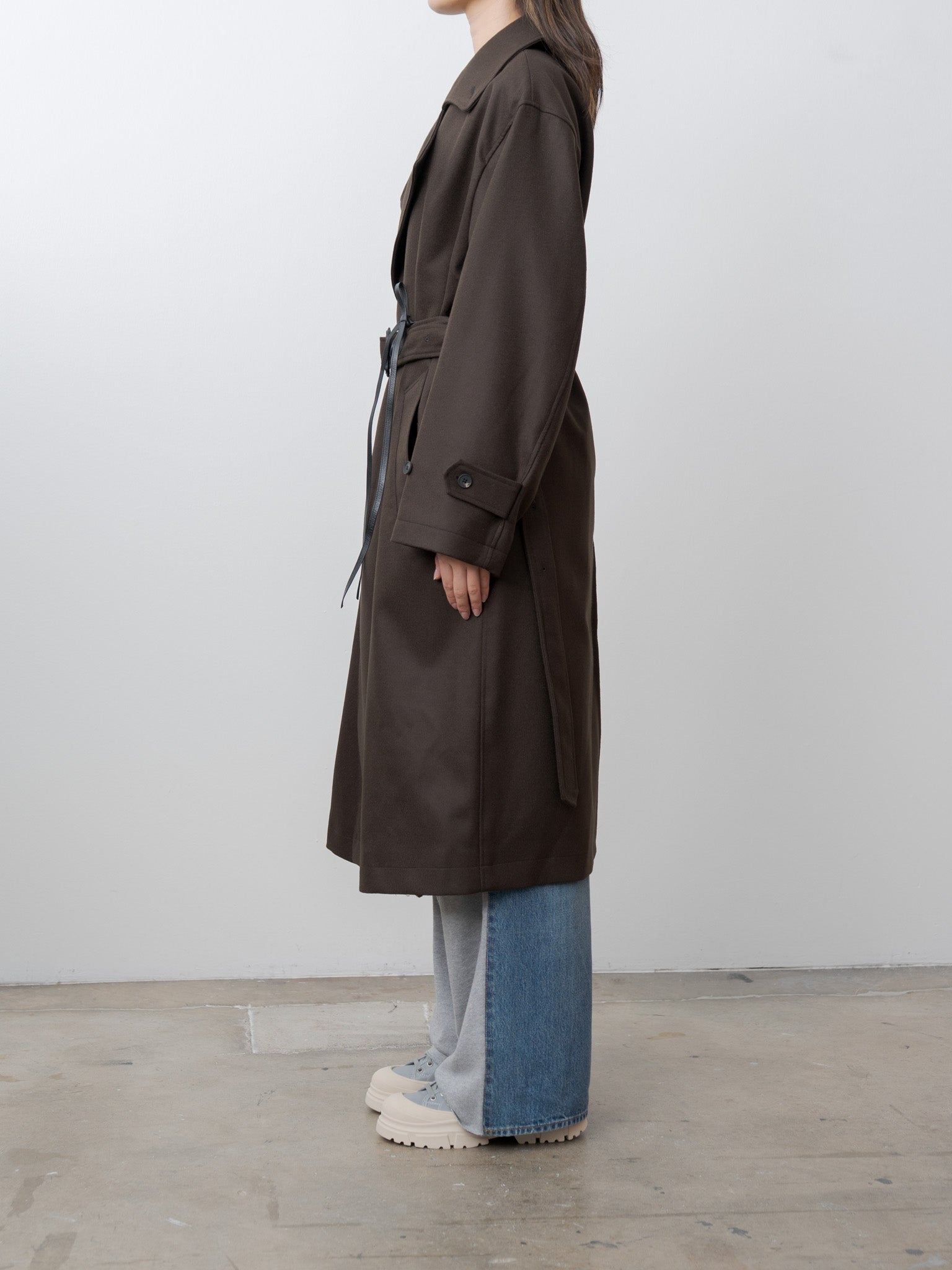 Oversized Double Breasted Coat with Leather Tie - Gray Brown