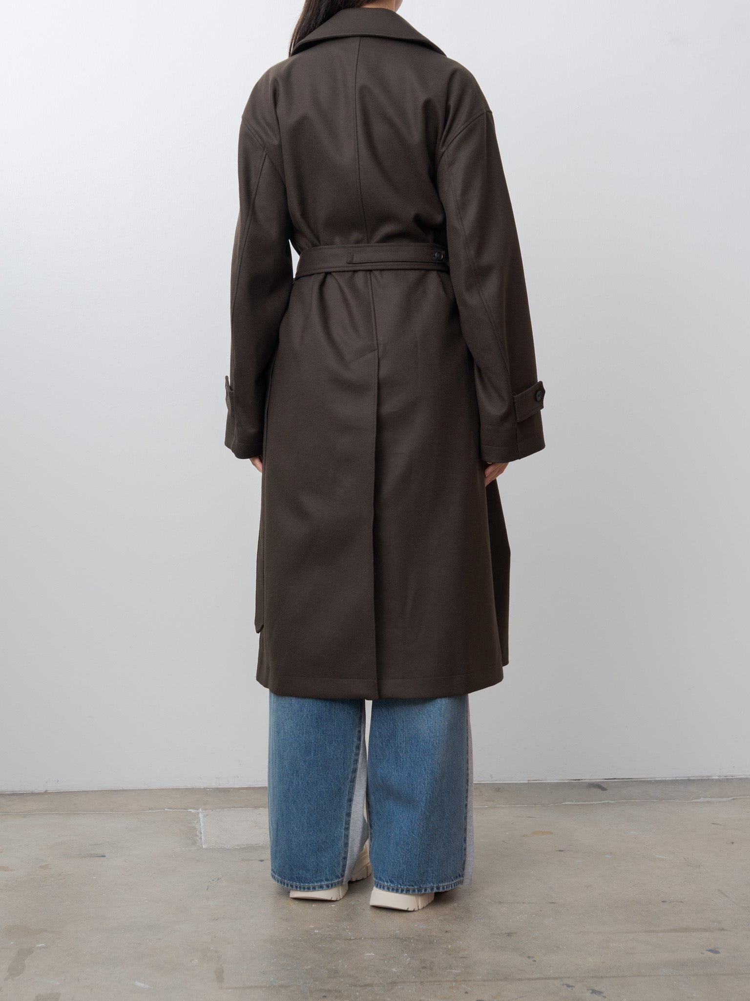 Oversized Double Breasted Coat with Leather Tie - Gray Brown