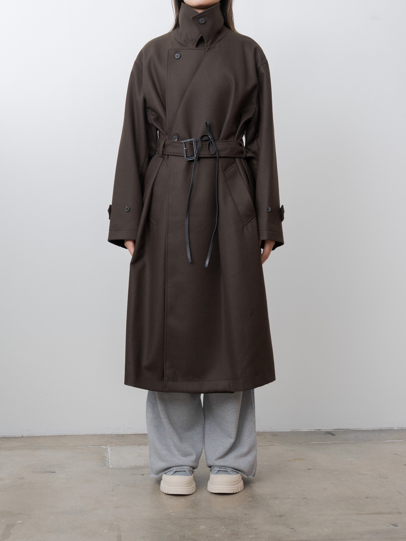 Oversized Double Breasted Coat with Leather Tie - Gray Brown