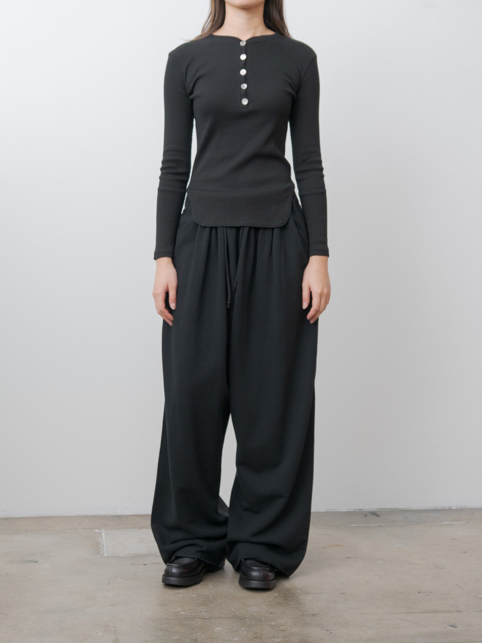 Cotton/Silk Henley Neck Long Sleeve T-Shirt - Black