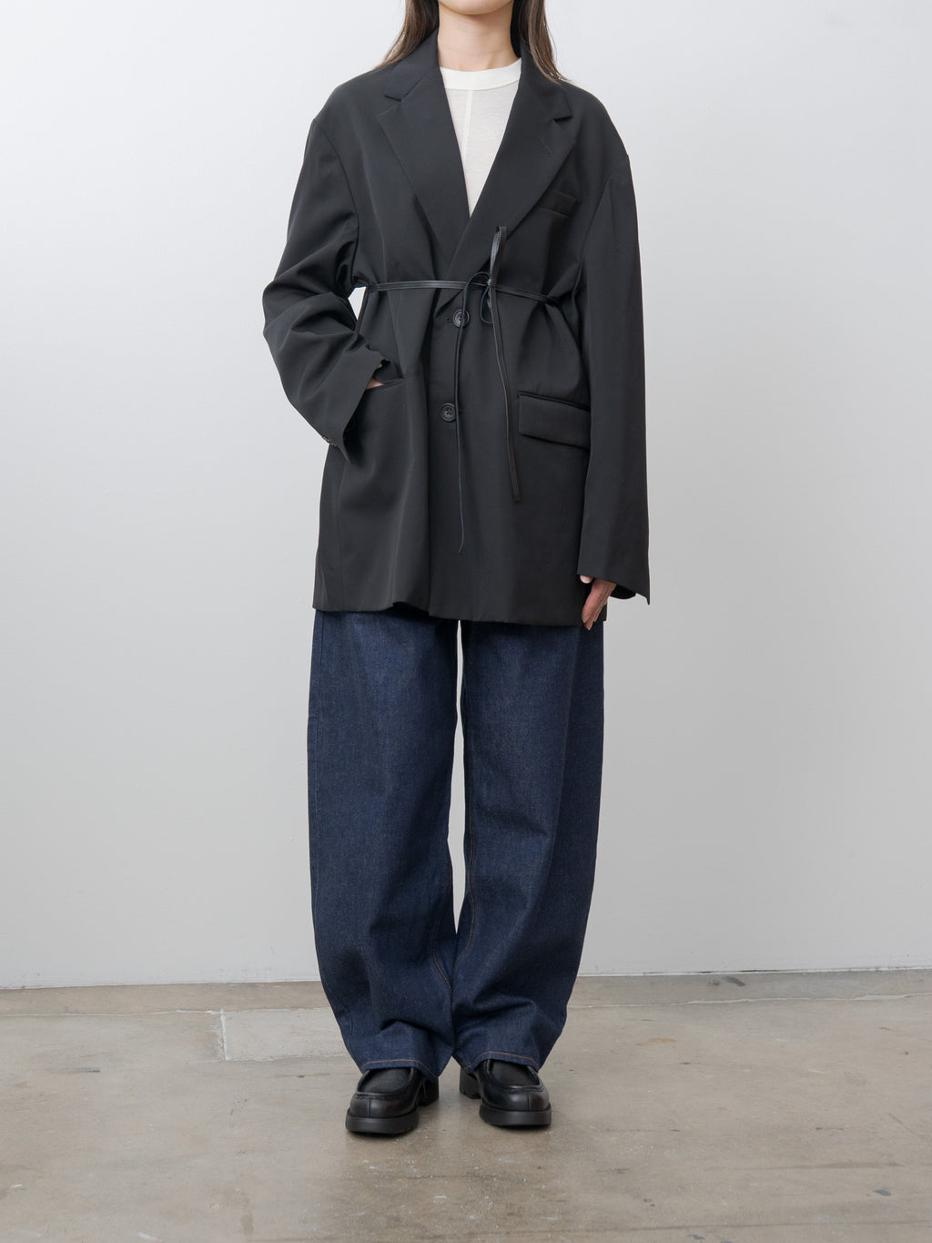 Oversized Single Breasted Long Jacket with Leather Tie - Black