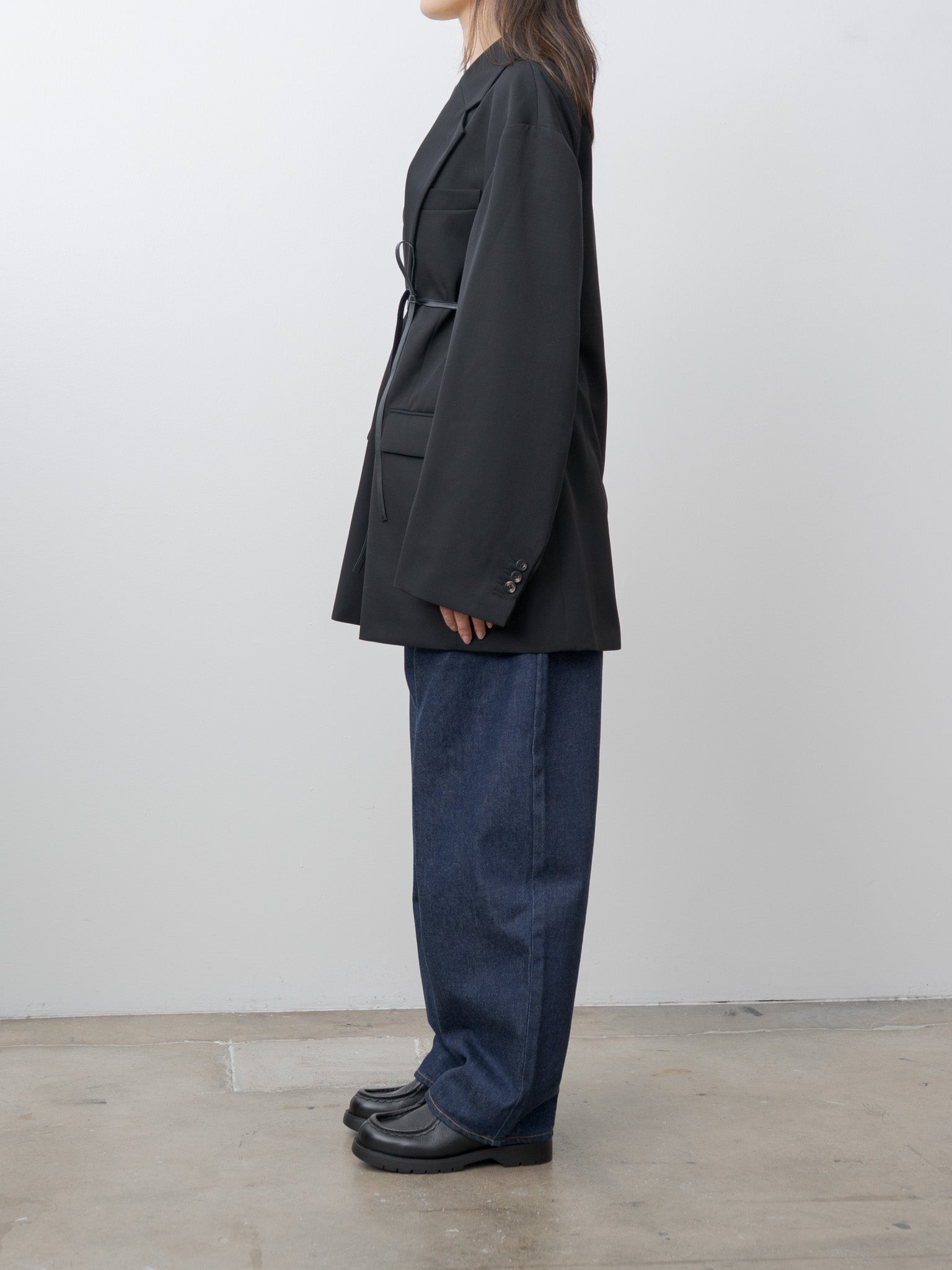 Oversized Single Breasted Long Jacket with Leather Tie - Black