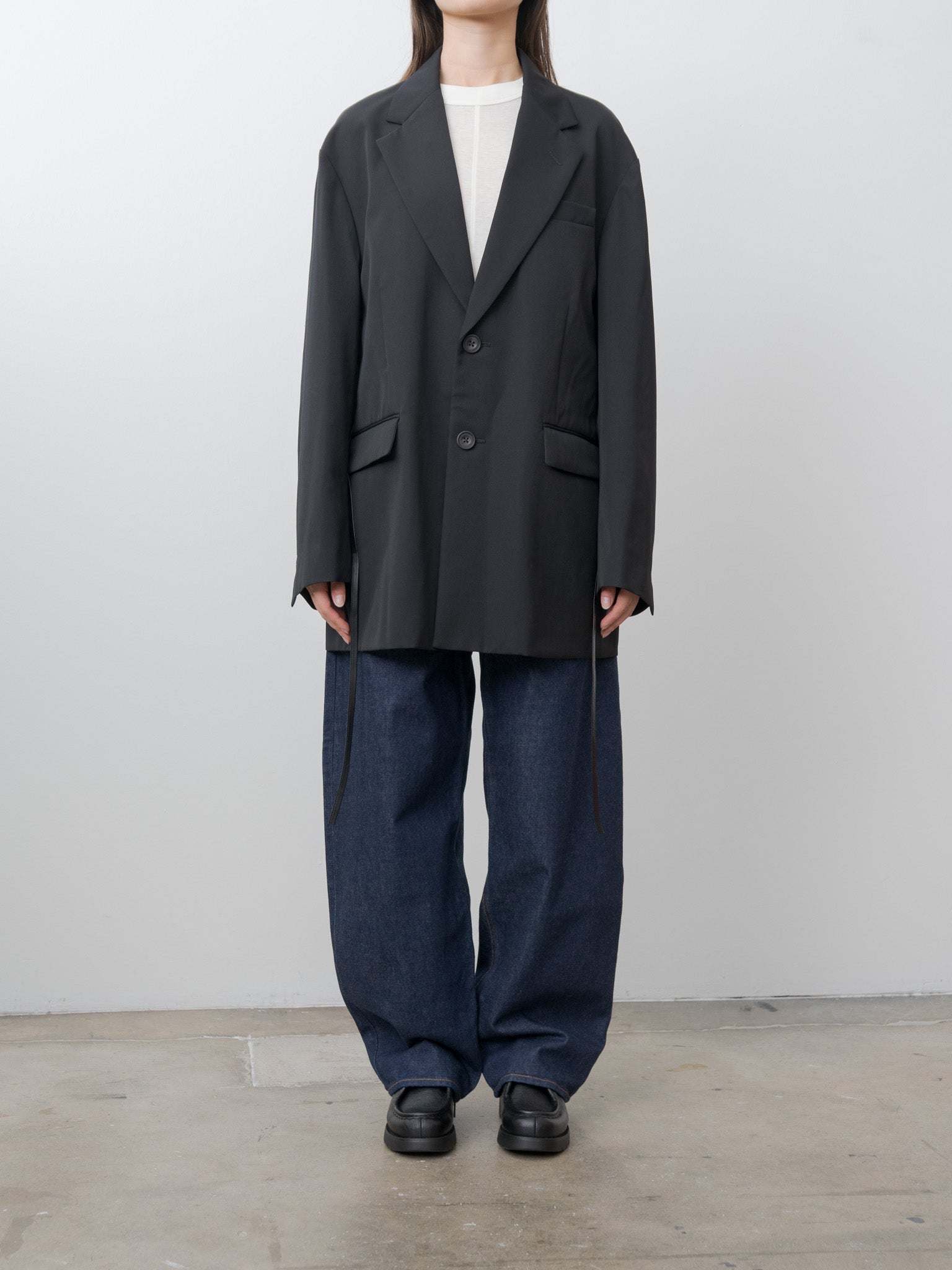 Oversized Single Breasted Long Jacket with Leather Tie - Black