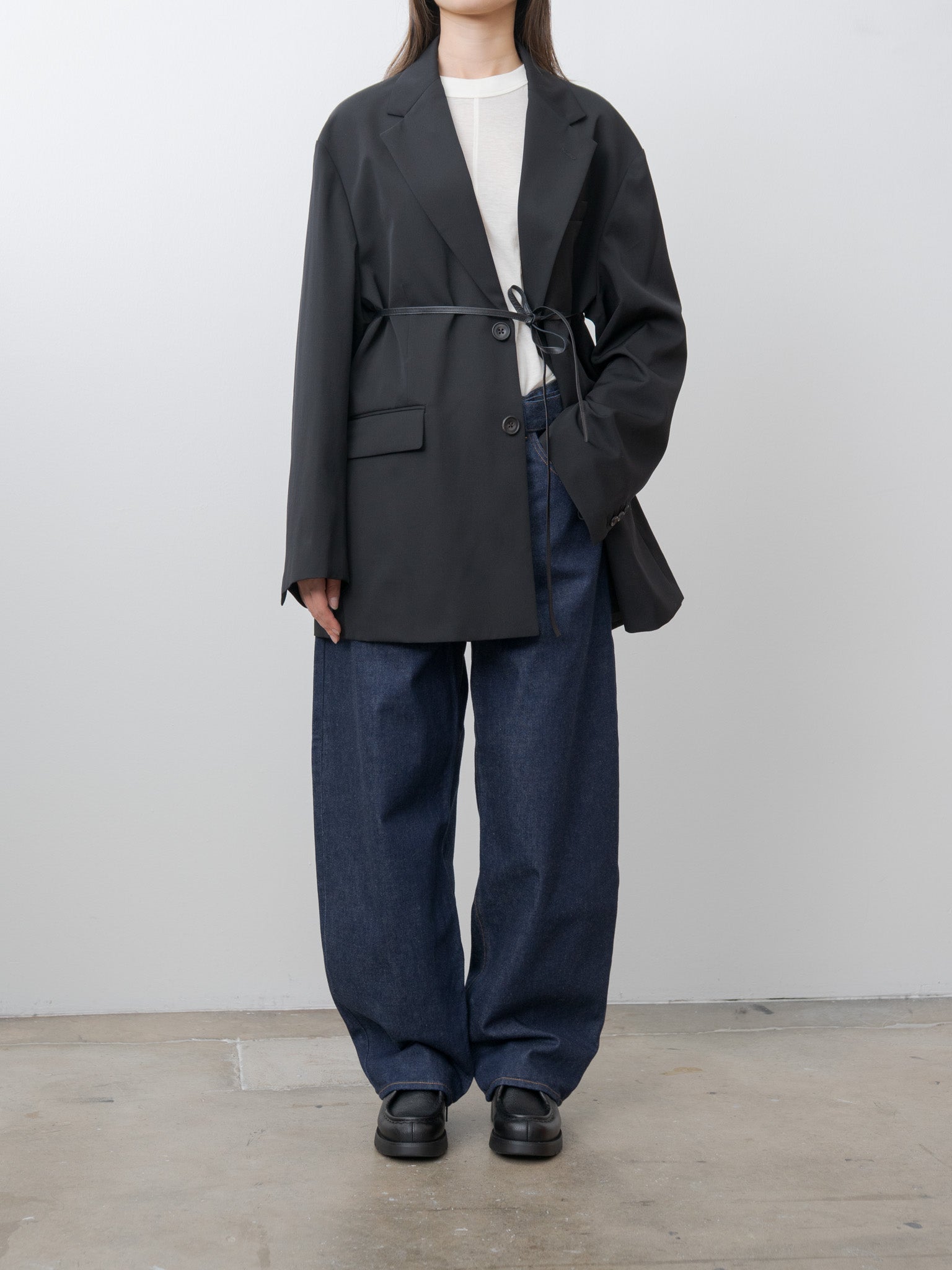 Oversized Single Breasted Long Jacket with Leather Tie - Black