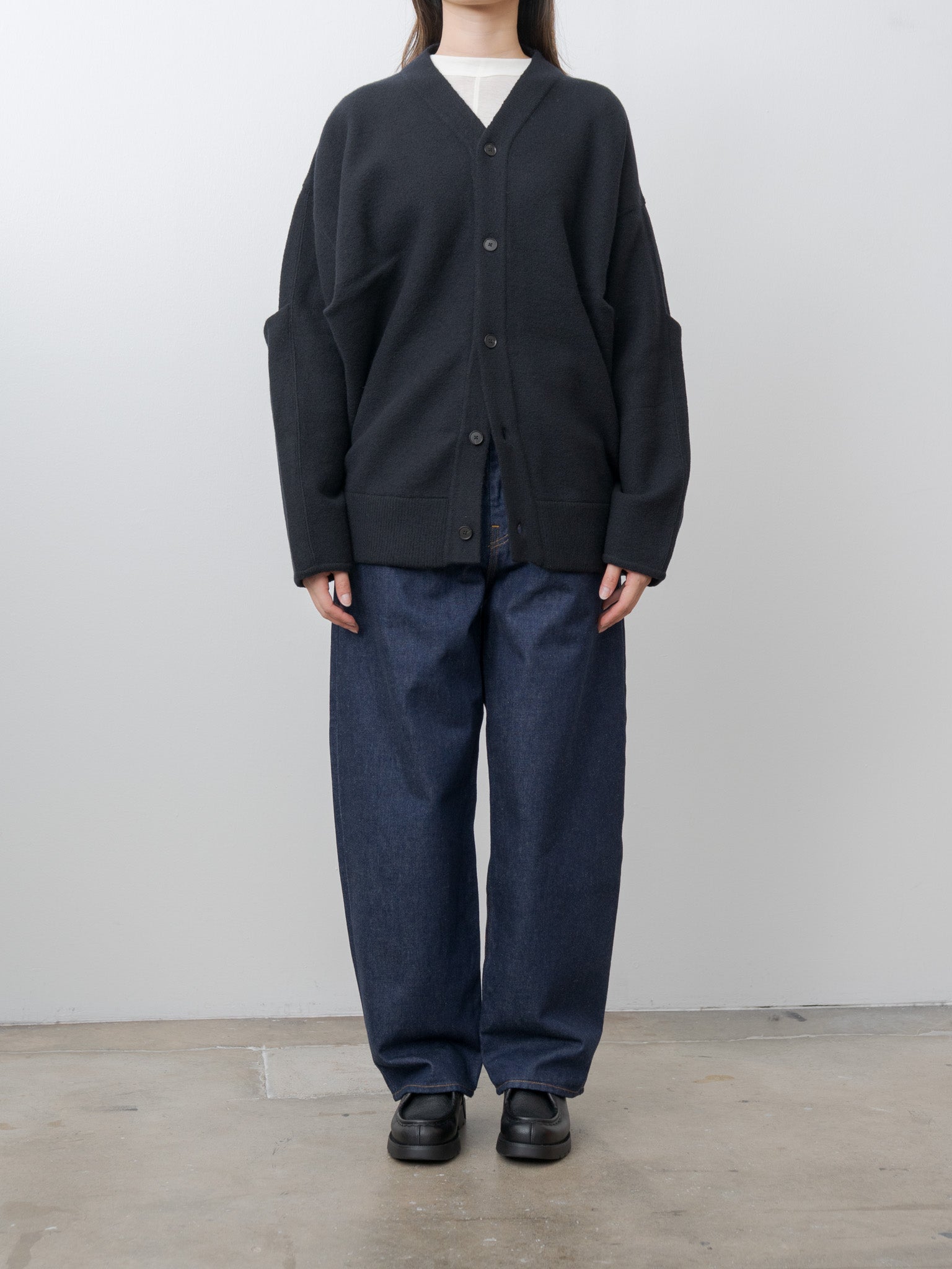 Extra Fine Wool Knit Tucked Cardigan Coatigan - Black