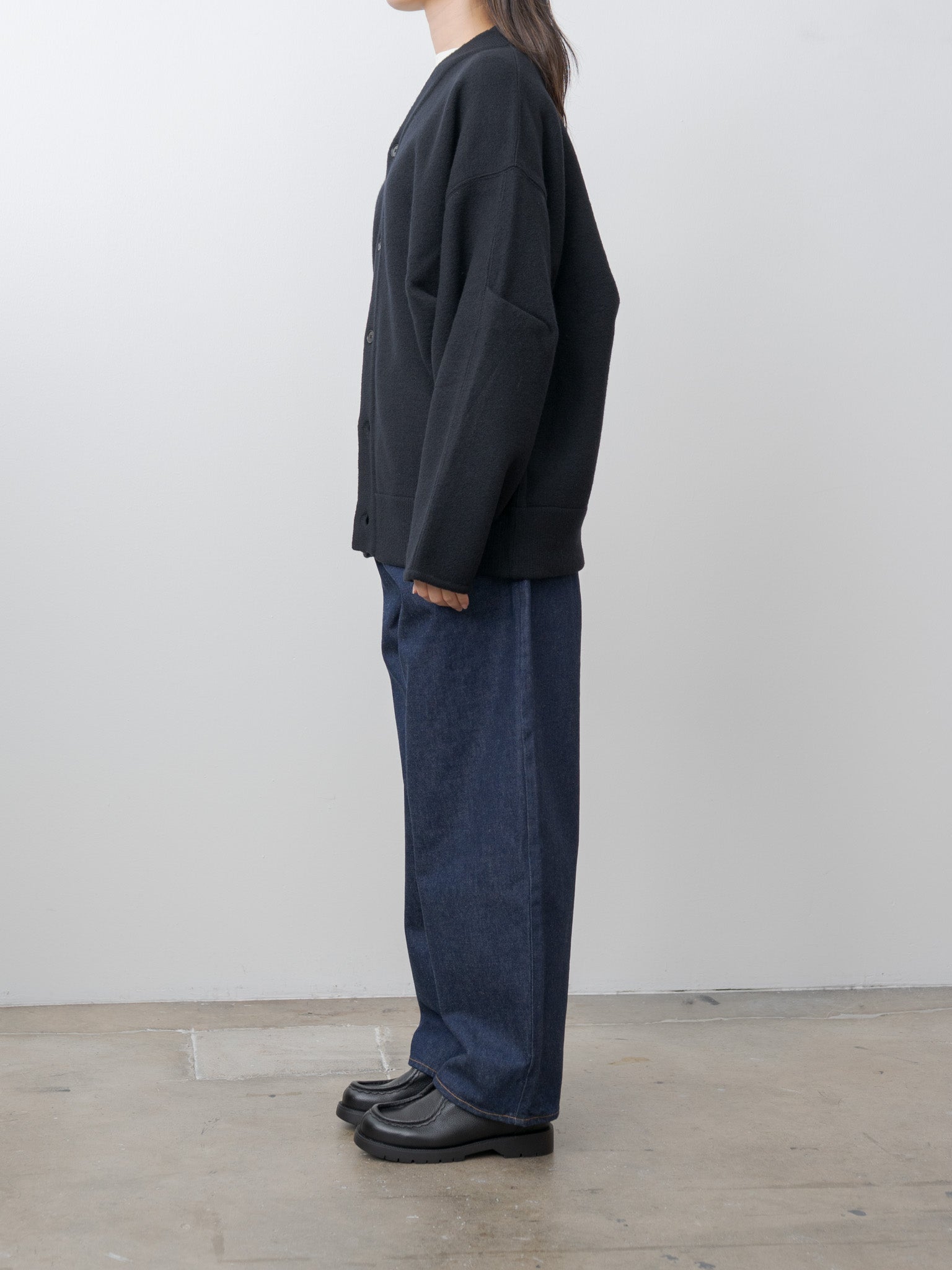 Extra Fine Wool Knit Tucked Cardigan Coatigan - Black
