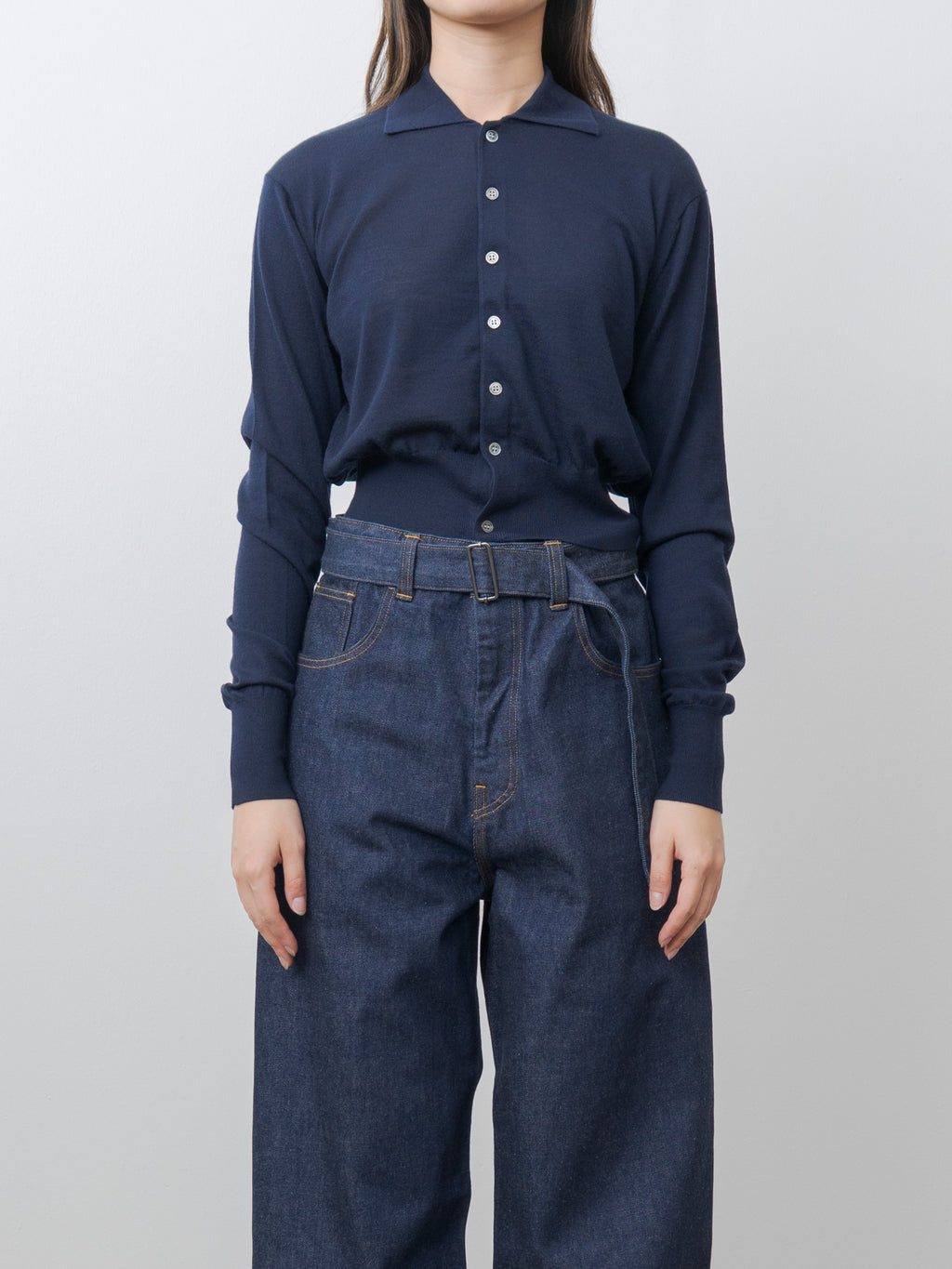 Wool Polo Cardigan - Navy